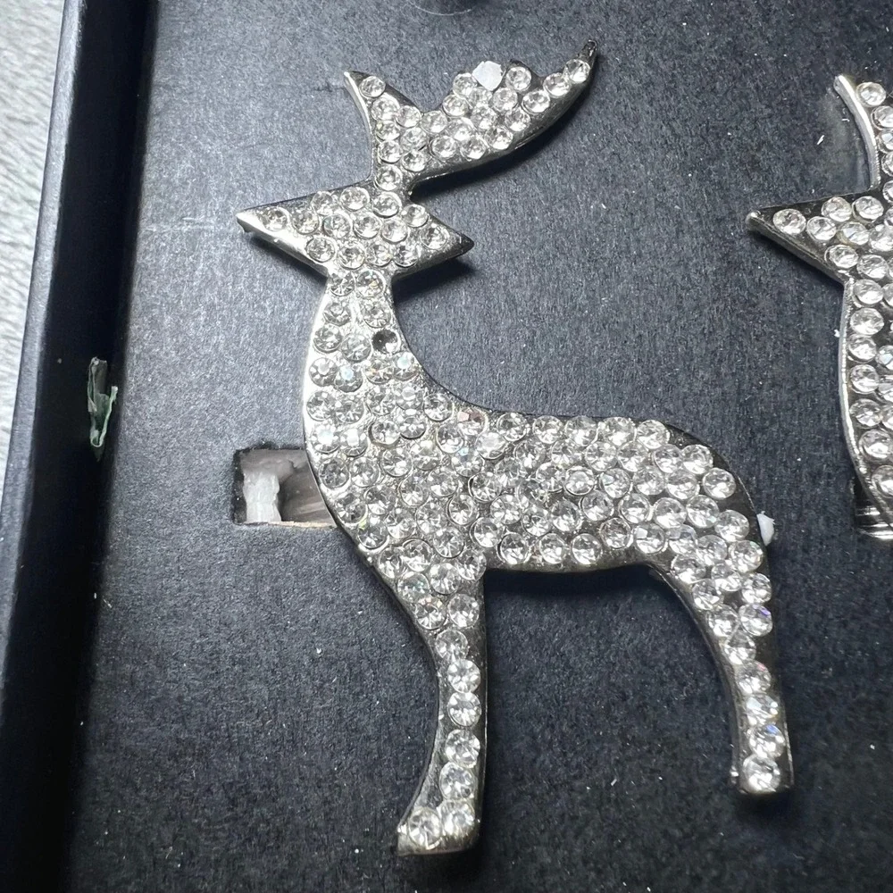 Rachel Zoe Set of 4 Rhinestone Reindeer Napkin Rings Silver Metal Holiday Decor‎